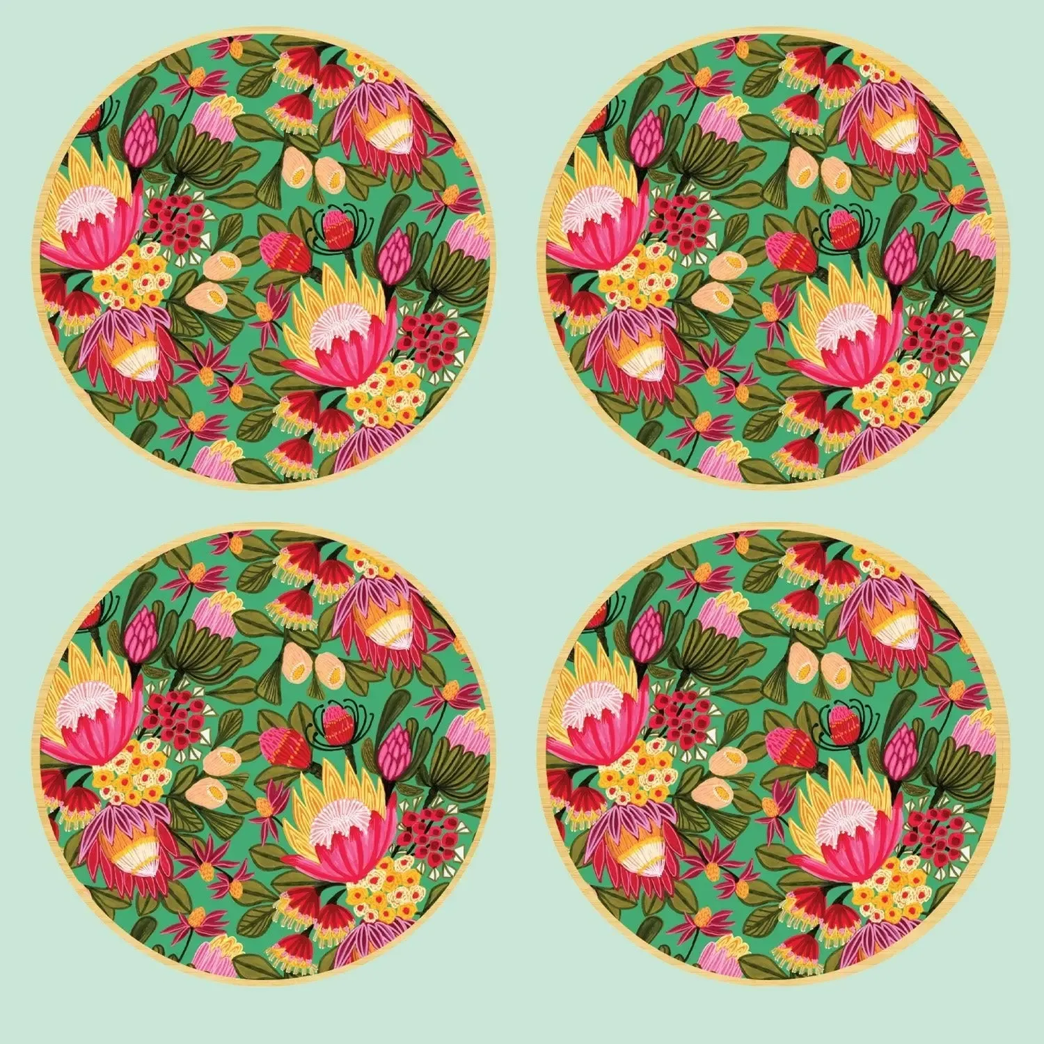 Festive Protea Flowers Australian Wooden Coaster Set