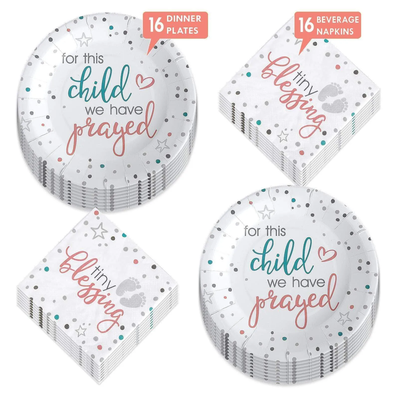 For This Child We Have Prayed Neutral Baby Shower Paper Dinner Plates and Beverage Napkins (Serves 16)