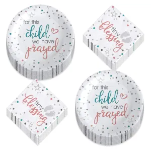 For This Child We Have Prayed Neutral Baby Shower Paper Dinner Plates and Beverage Napkins (Serves 16)