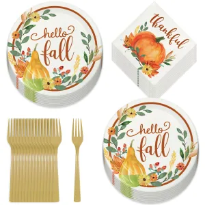 Giving Thanks Colorful Harvest Paper Dessert Plates, Napkins, and Forks for Fall Parties and Thanksgiving Meals (Serves 16)