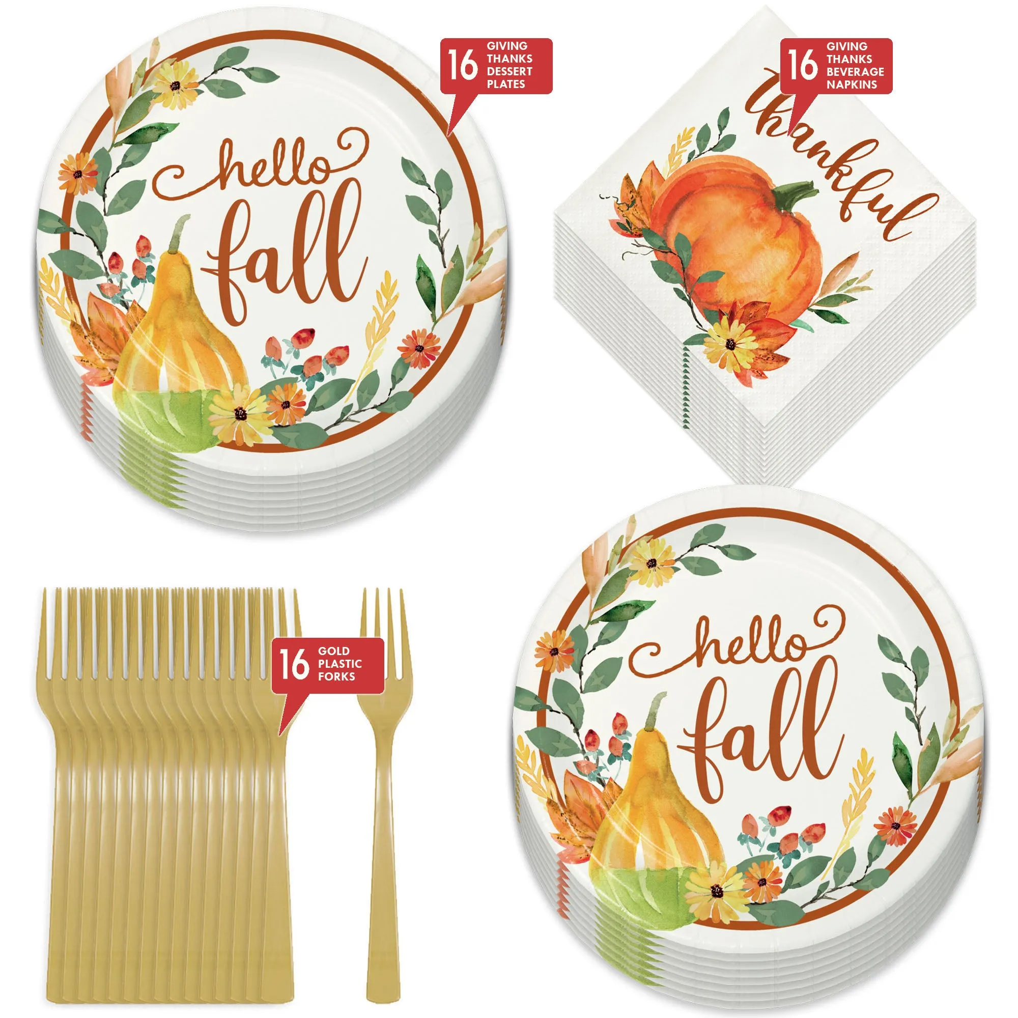 Giving Thanks Colorful Harvest Paper Dessert Plates, Napkins, and Forks for Fall Parties and Thanksgiving Meals (Serves 16)