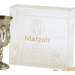 Gold Accents Jerusalem Motif Acrylic Flip Top Matzah Box