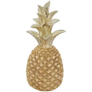 Gold Resin Fruit Textured Pineapple Sculpture with Carved Gold Top - 6" X 6" X 13"