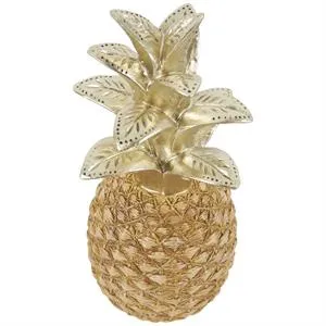 Gold Resin Fruit Textured Pineapple Sculpture with Carved Gold Top - 6" X 6" X 13"