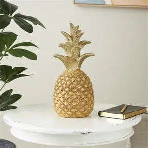 Gold Resin Fruit Textured Pineapple Sculpture with Carved Gold Top - 6" X 6" X 13"