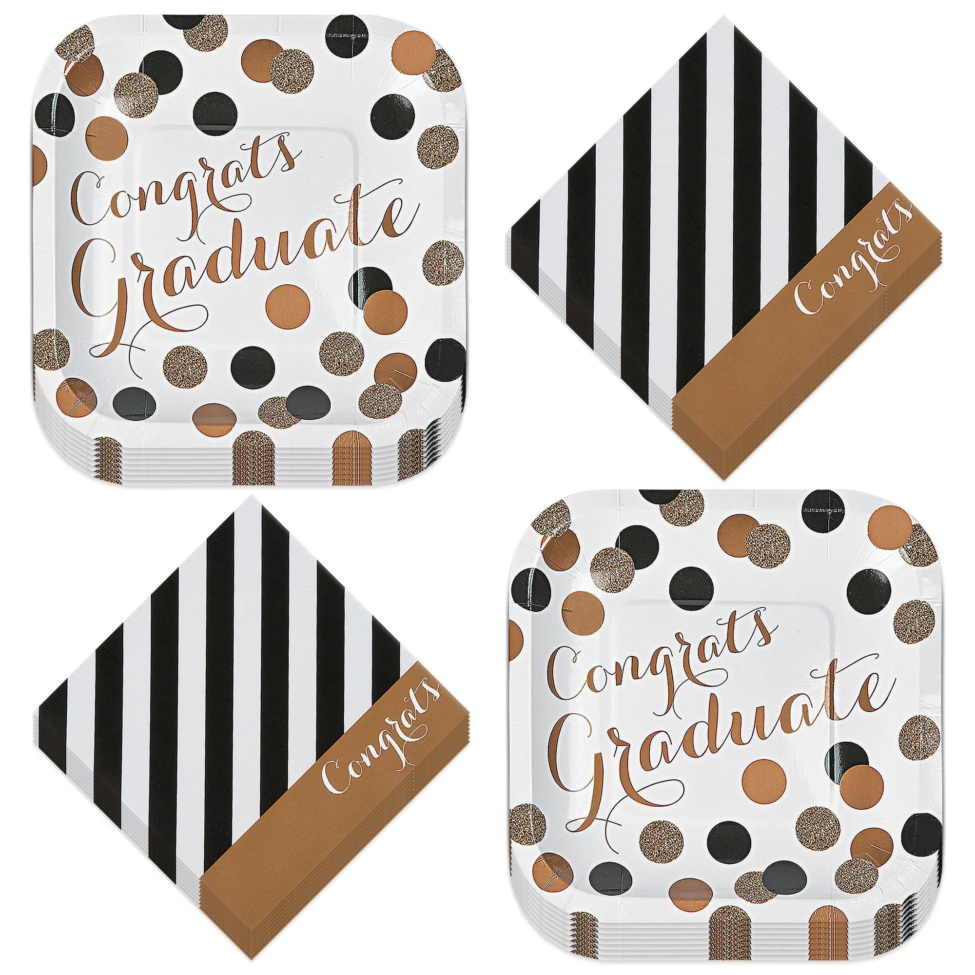 Graduation Party Supplies - Black & Gold Grad Square Paper Dessert Plates and Beverage Napkins (Serves 16)