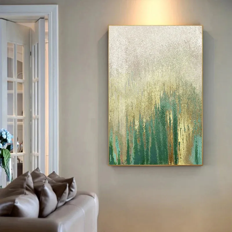 Green Beige Golden Abstract Wall Art Fine Art Canvas Prints Pictures For Modern Apartment Living Room Dining Room Art Decor