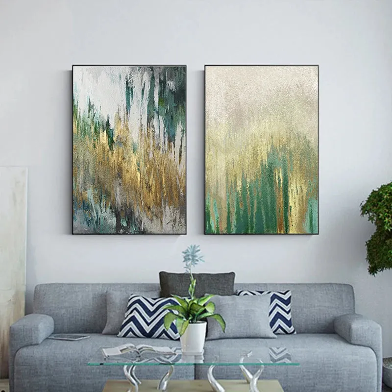 Green Beige Golden Abstract Wall Art Fine Art Canvas Prints Pictures For Modern Apartment Living Room Dining Room Art Decor