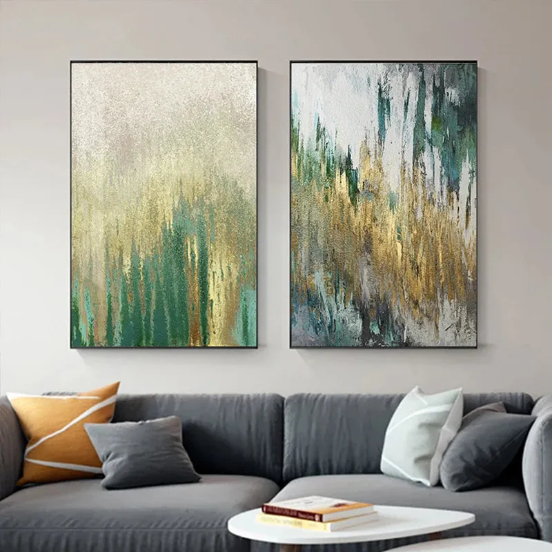 Green Beige Golden Abstract Wall Art Fine Art Canvas Prints Pictures For Modern Apartment Living Room Dining Room Art Decor