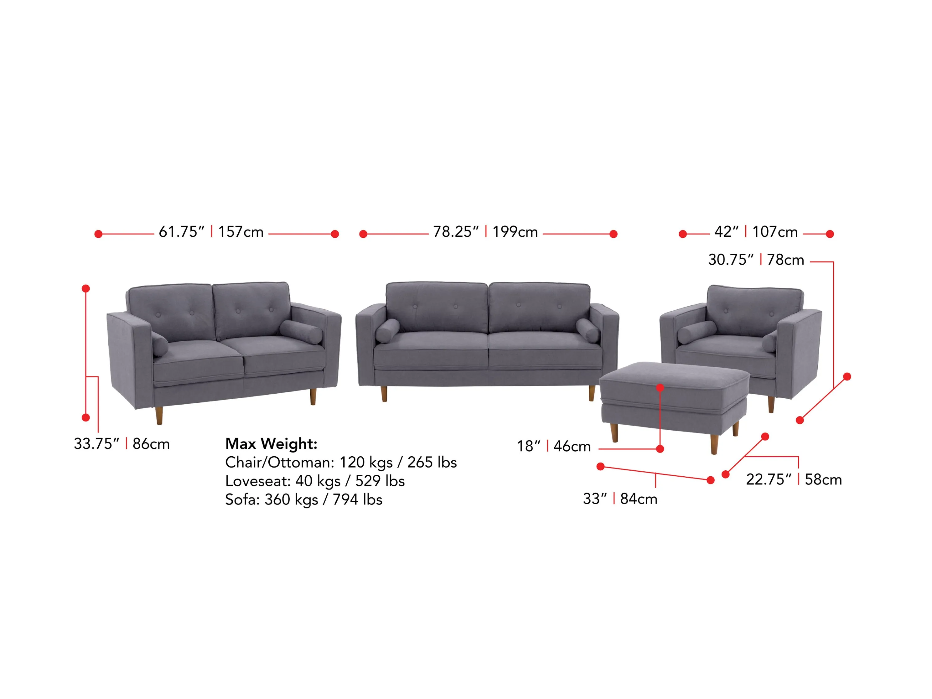 Grey 4-Piece Living Room Sofa Set