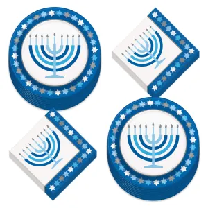 Happy Hanukkah Menorah Paper Dinner Plates and Luncheon Napkins (Serves 16)