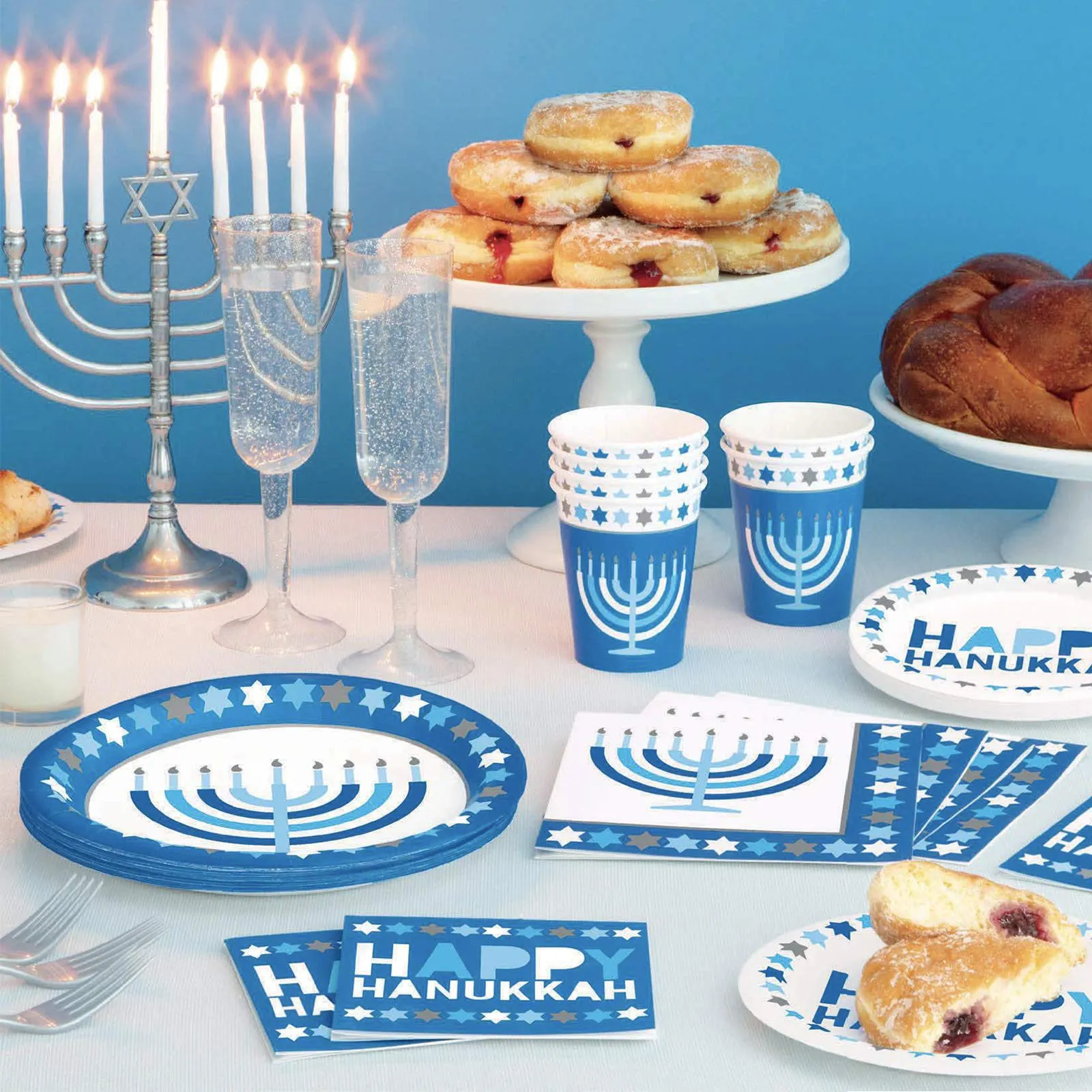 Happy Hanukkah Menorah Paper Dinner Plates and Luncheon Napkins (Serves 16)