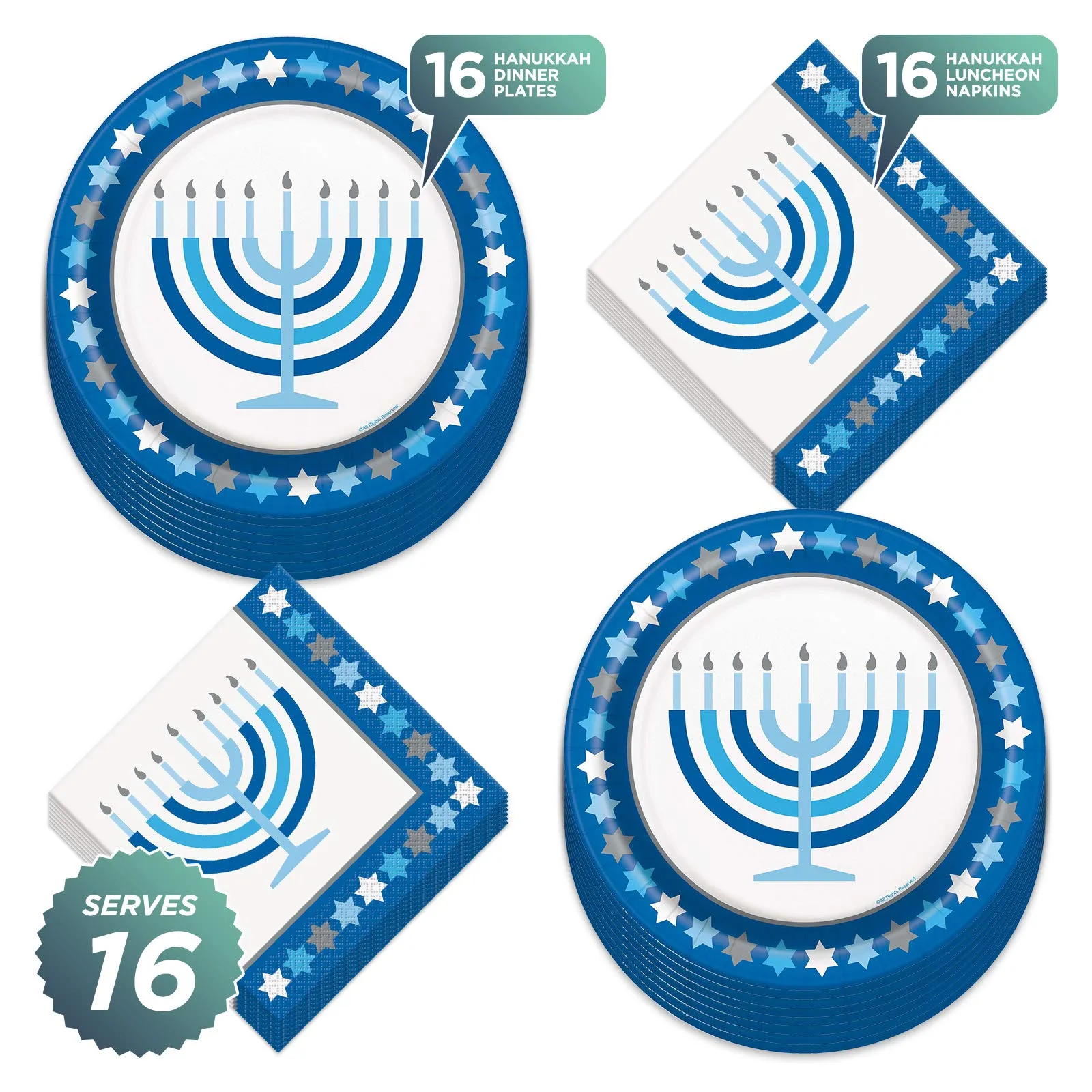 Happy Hanukkah Menorah Paper Dinner Plates and Luncheon Napkins (Serves 16)