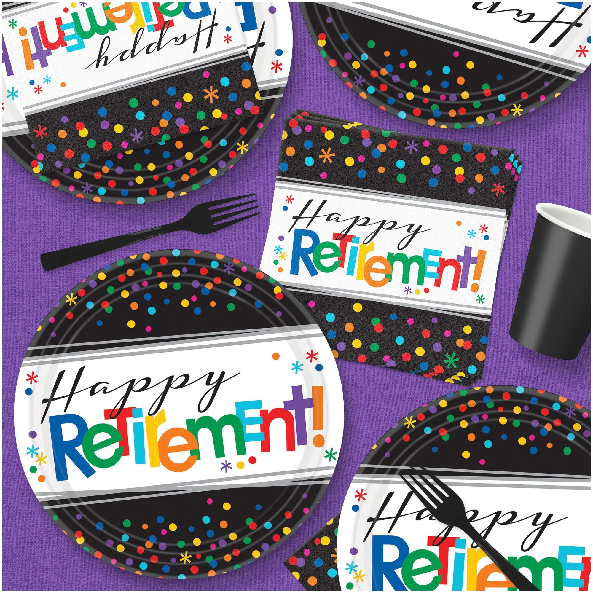 Happy Retirement Party Paper Dinner Plates and Lunch Napkins (Serves 16)