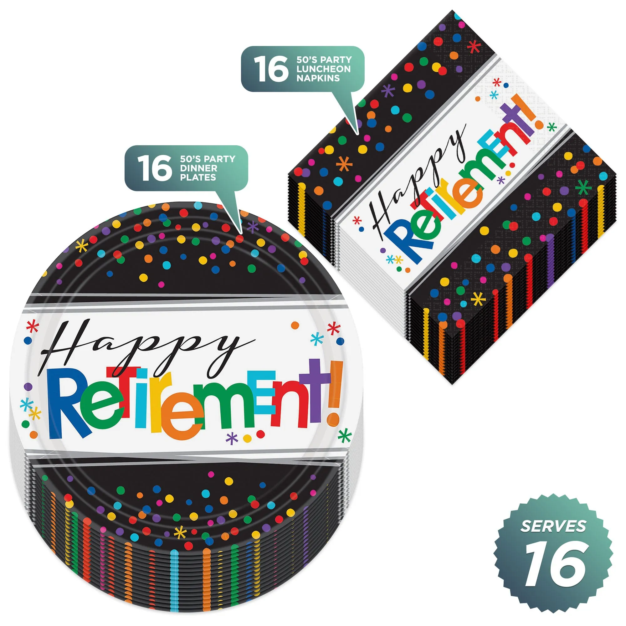 Happy Retirement Party Paper Dinner Plates and Lunch Napkins (Serves 16)