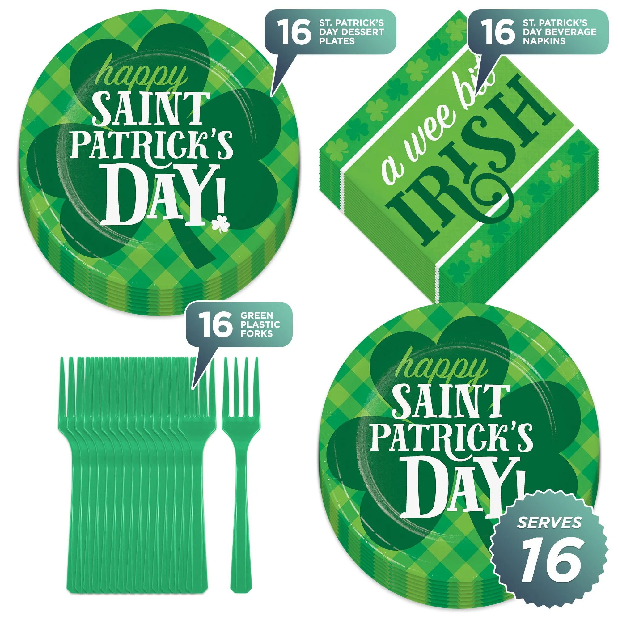 Happy St. Patrick's Day Party Round Paper Dessert Plates, "A Wee Bit Irish" Beverage Napkins, and Forks (Serves 16)