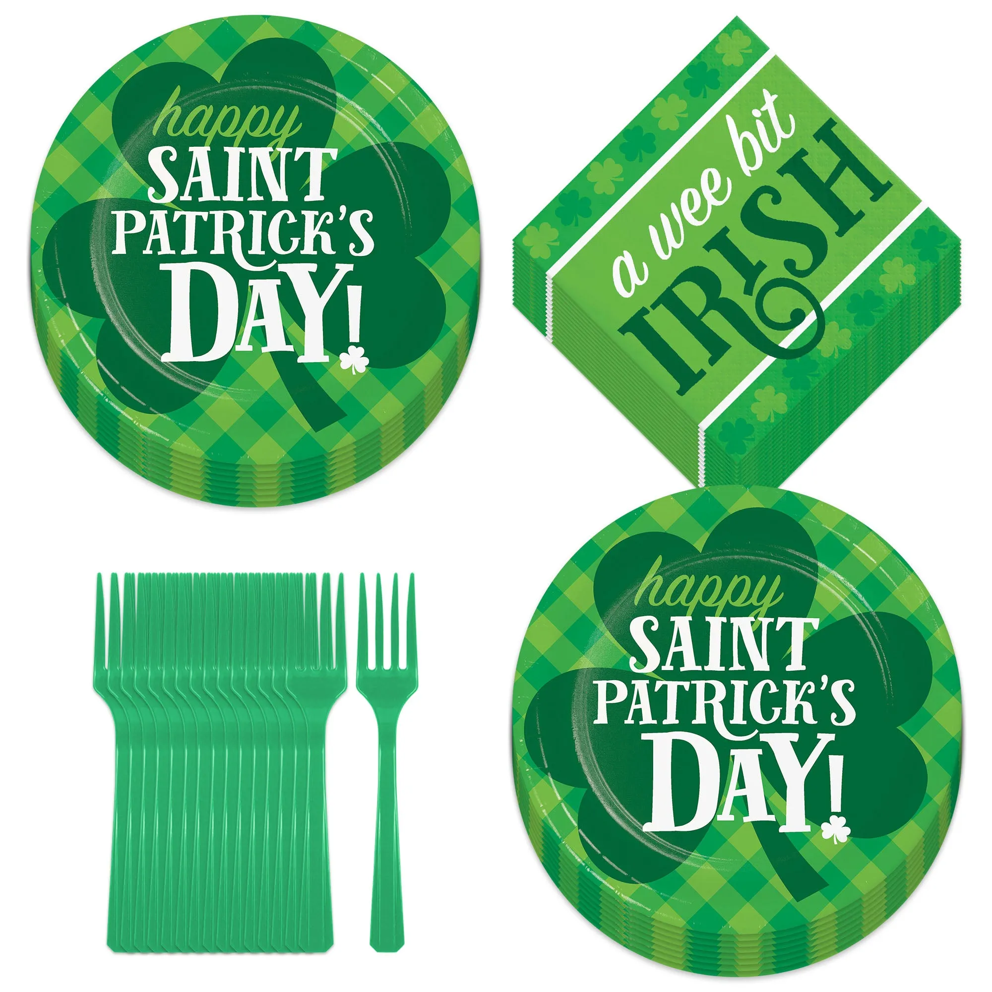 Happy St. Patrick's Day Party Round Paper Dessert Plates, "A Wee Bit Irish" Beverage Napkins, and Forks (Serves 16)