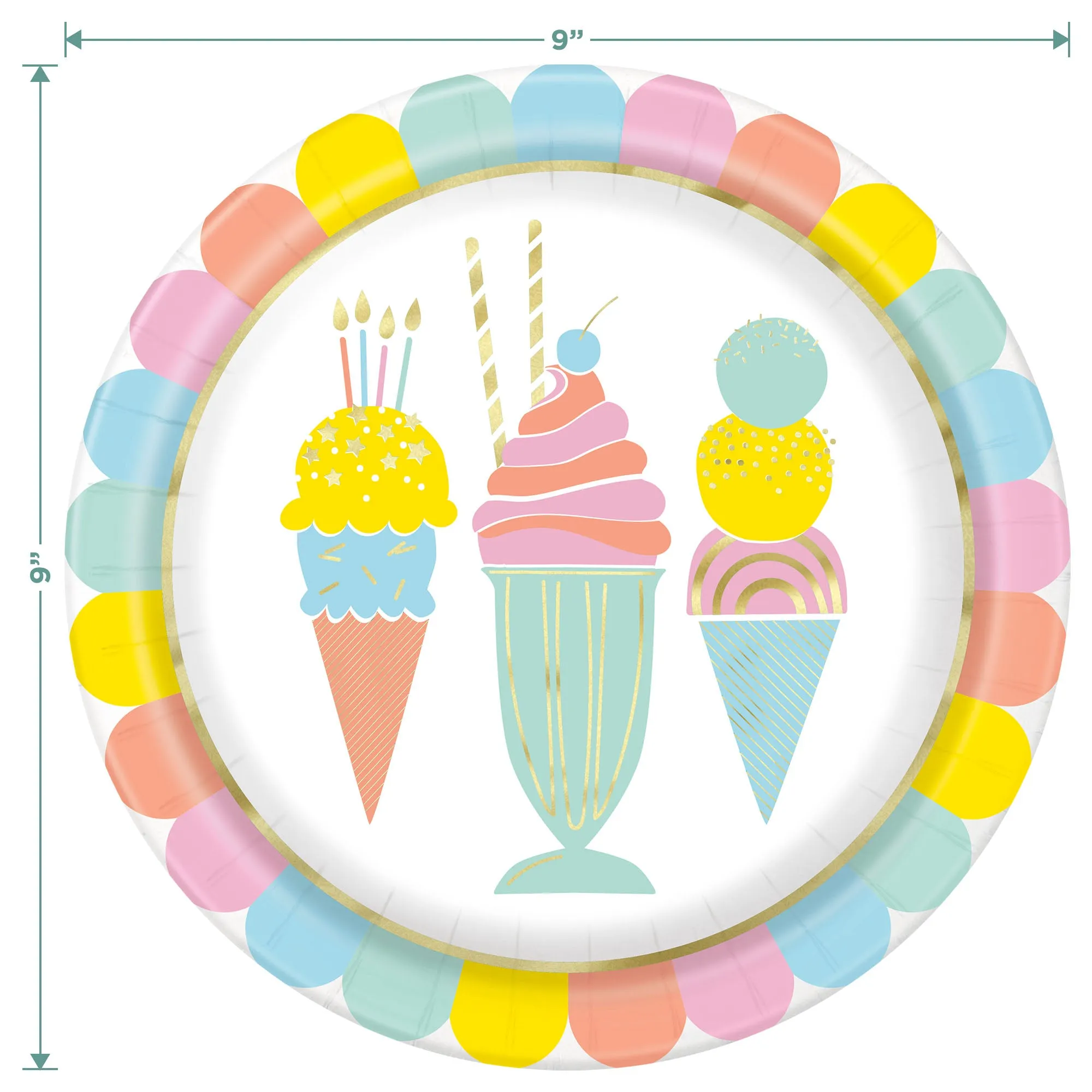 Ice Cream Party Pastel and Metallic Paper Dinner Plates Plates and Cone-Shaped Napkins (Serves 16)