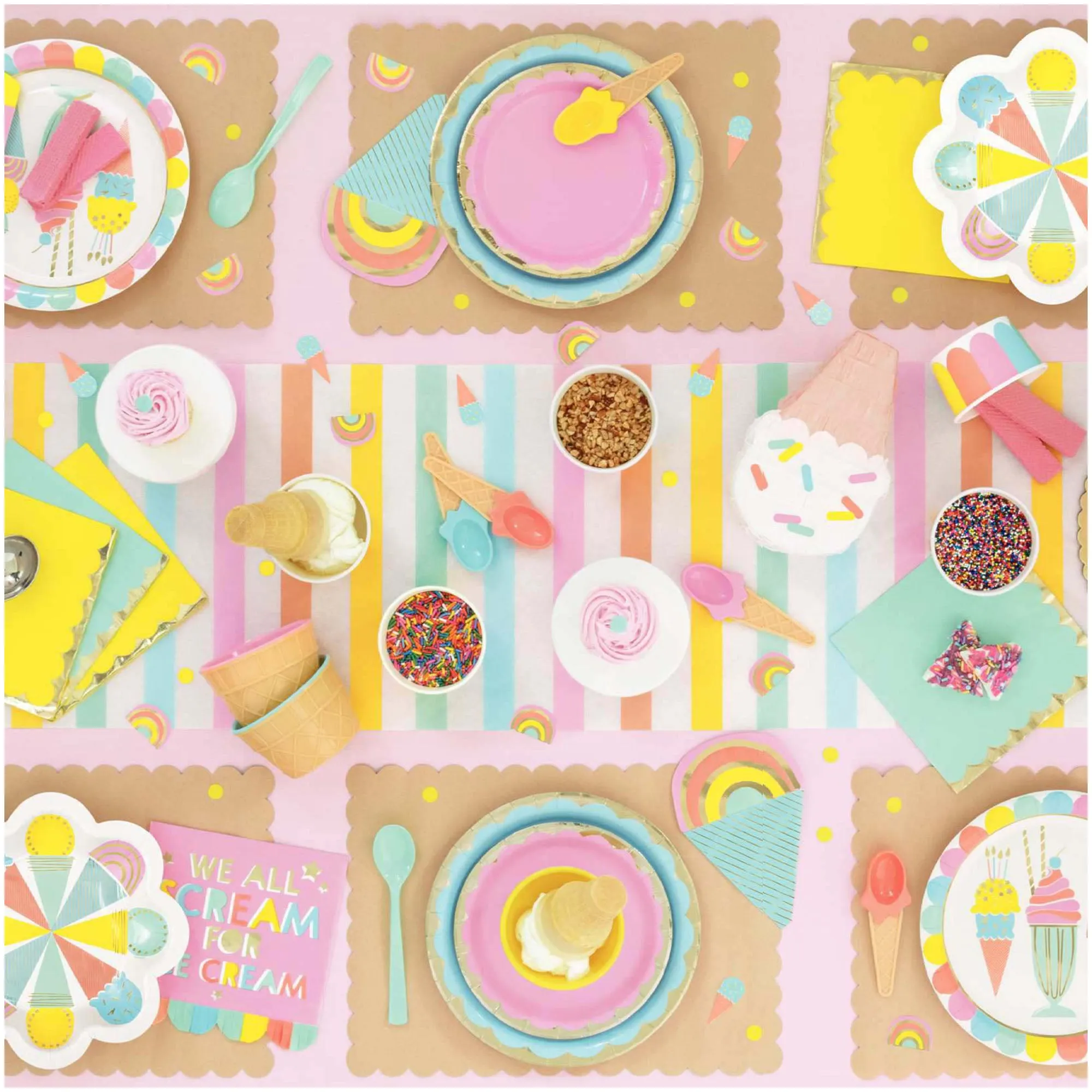 Ice Cream Party Pastel and Metallic Paper Dinner Plates Plates and Cone-Shaped Napkins (Serves 16)