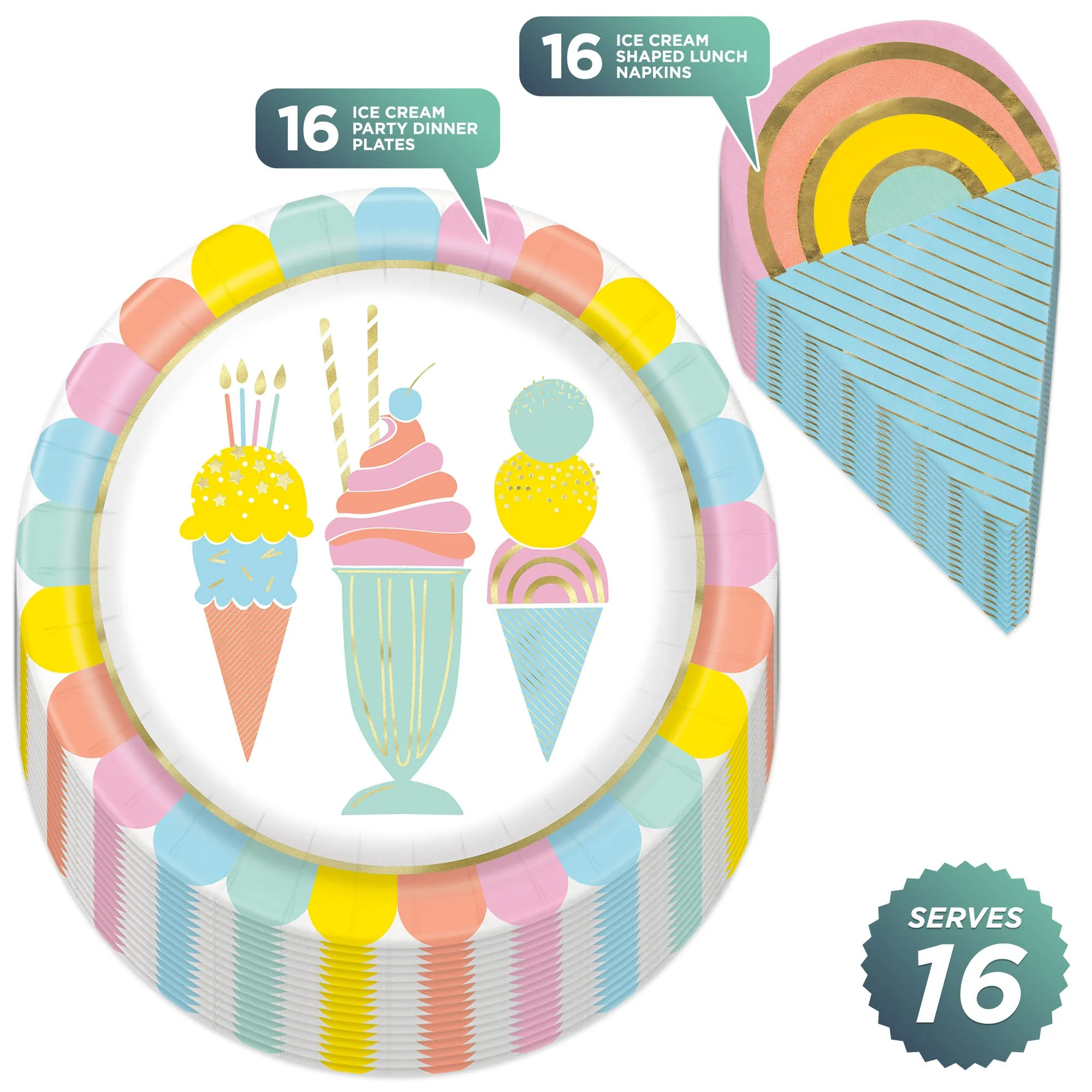 Ice Cream Party Pastel and Metallic Paper Dinner Plates Plates and Cone-Shaped Napkins (Serves 16)