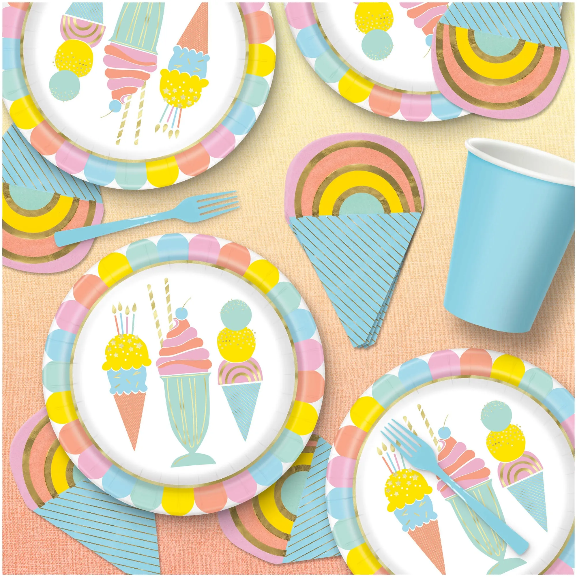 Ice Cream Party Pastel and Metallic Paper Dinner Plates Plates and Cone-Shaped Napkins (Serves 16)