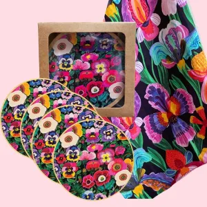 Irises & Pansy Flowers Tea Towel & Australian Wooden Coaster Gift Set