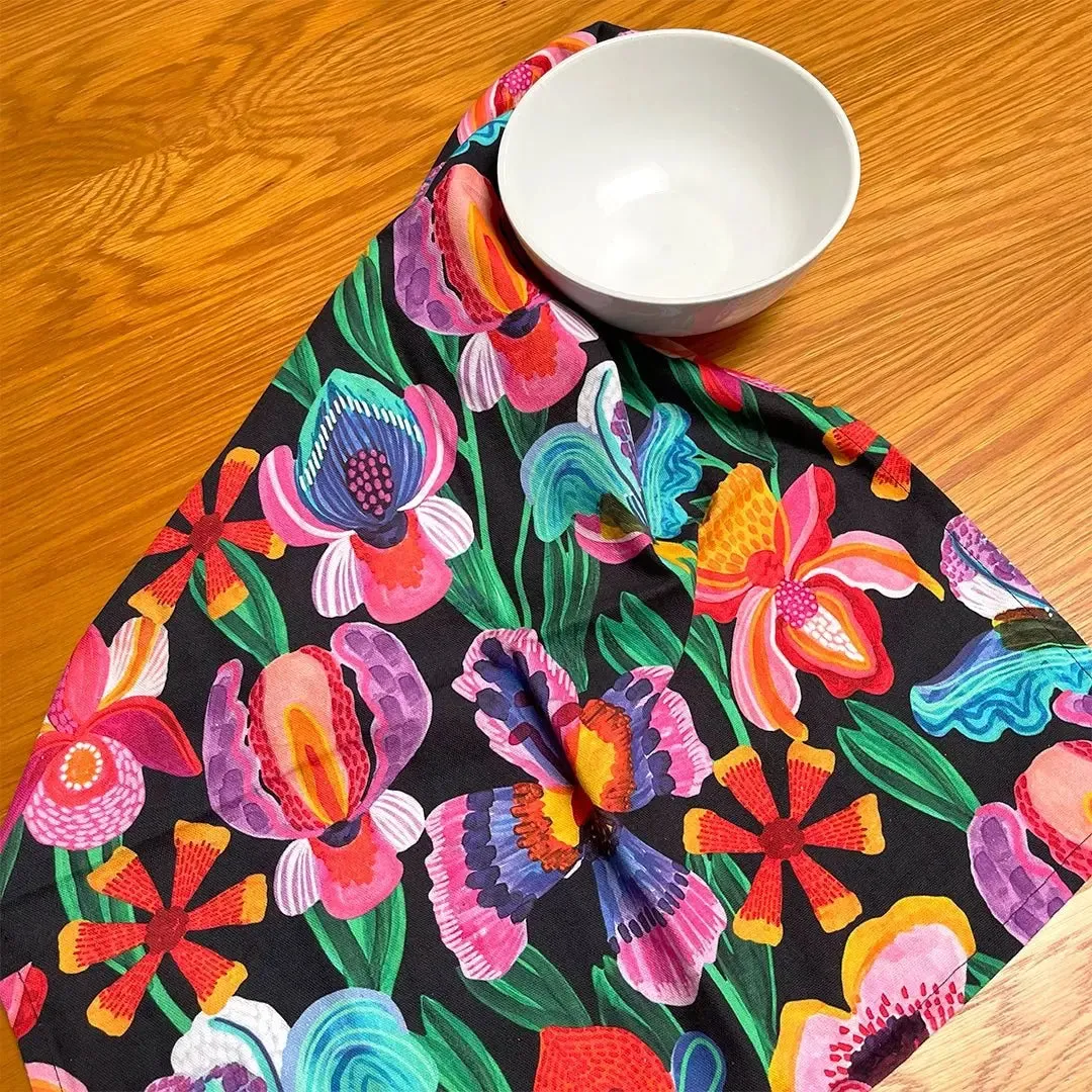 Irises & Pansy Flowers Tea Towel & Australian Wooden Coaster Gift Set