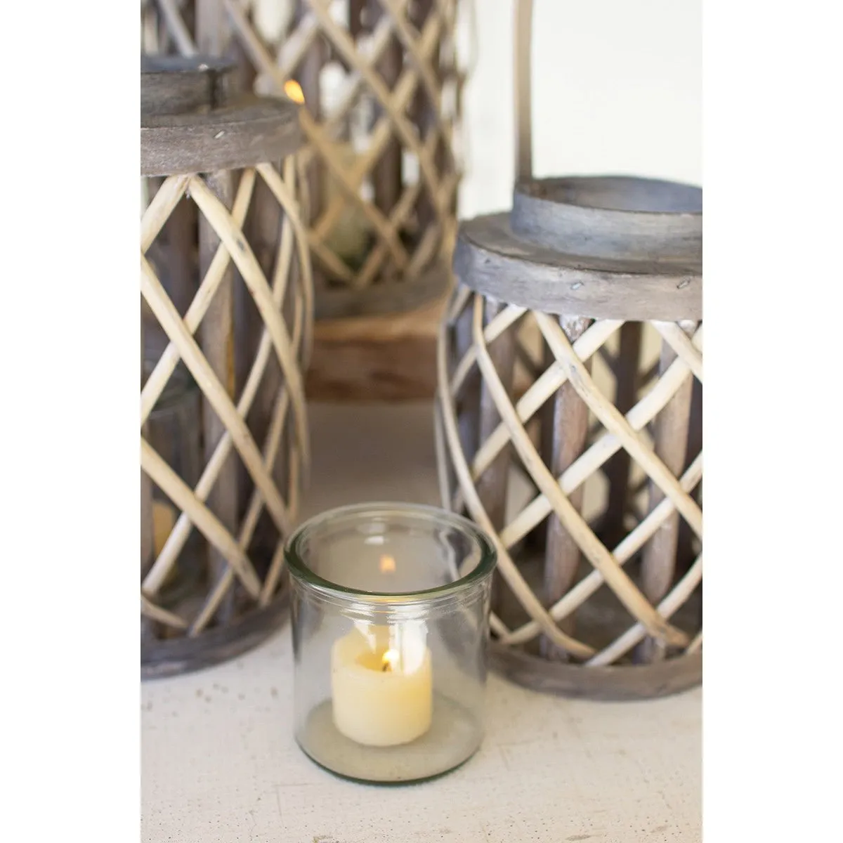 Kalalou - SET OF FOUR GREY WILLOW CYLINDER LANTERNS W GLASS INSERTS - CLUX1244