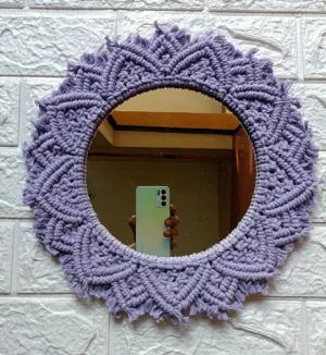 KHUSHBOO'S Art Box - Macrame Hanging Wall Mirror with Macrame Round Mirror Art | Boho Decor Macrame Decorative Mirror (Purple)