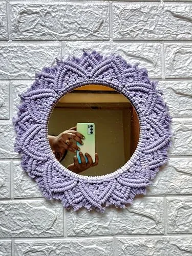 KHUSHBOO'S Art Box - Macrame Hanging Wall Mirror with Macrame Round Mirror Art | Boho Decor Macrame Decorative Mirror (Purple)