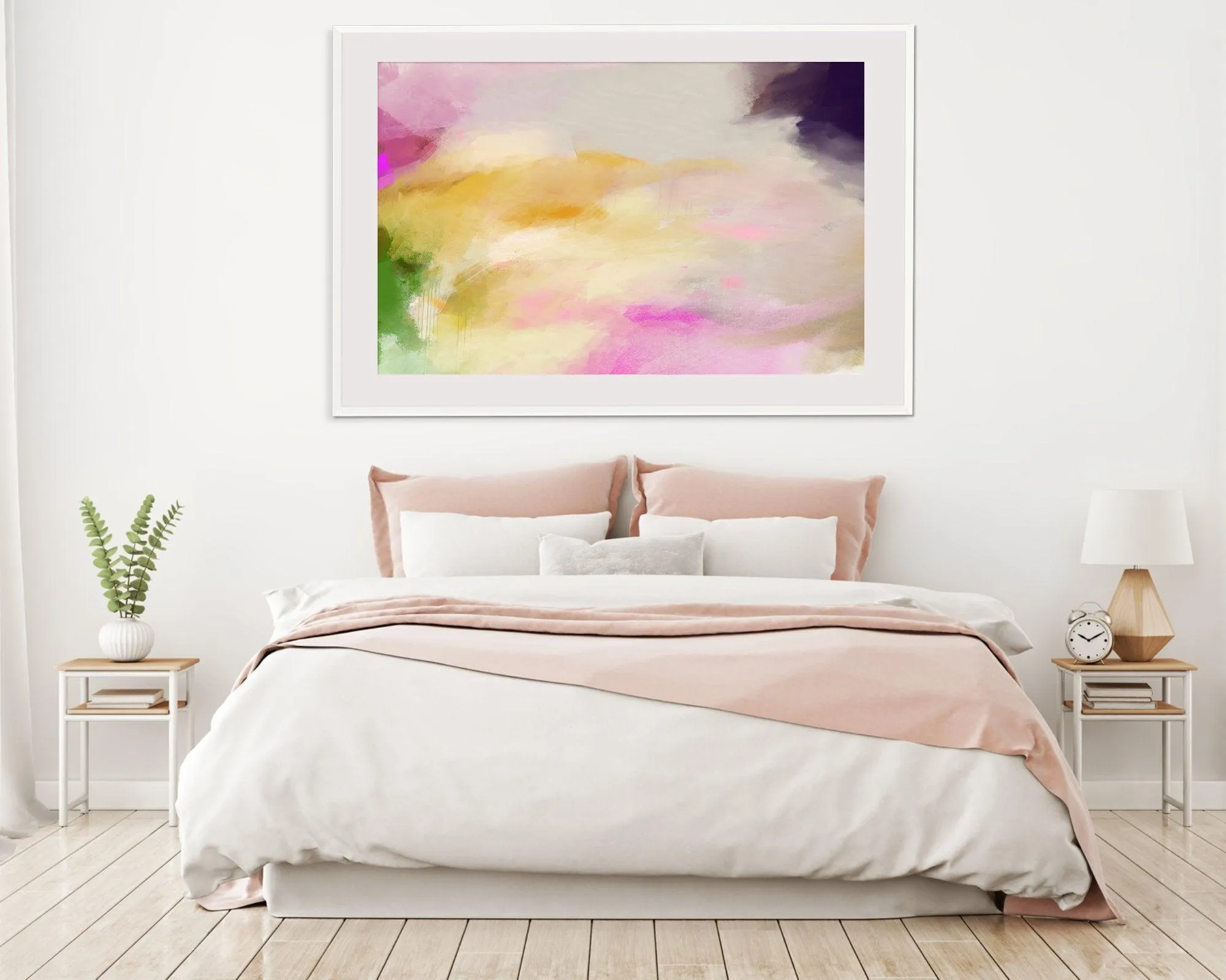 Large modern print in Yellow, modern art print, pink and yellow, above bed decor wall print, blush pink wall art