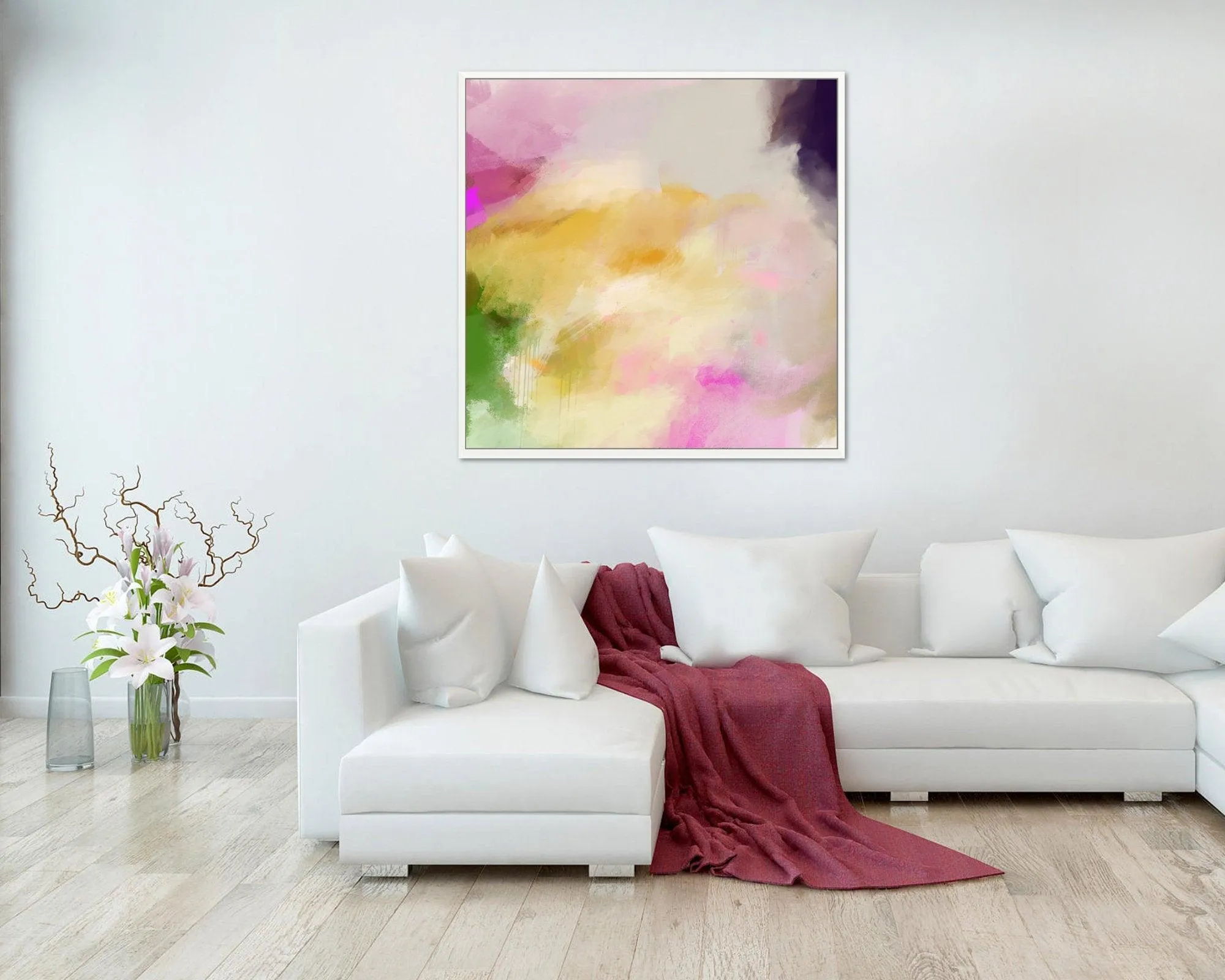 Large modern print in Yellow, modern art print, pink and yellow, above bed decor wall print, blush pink wall art