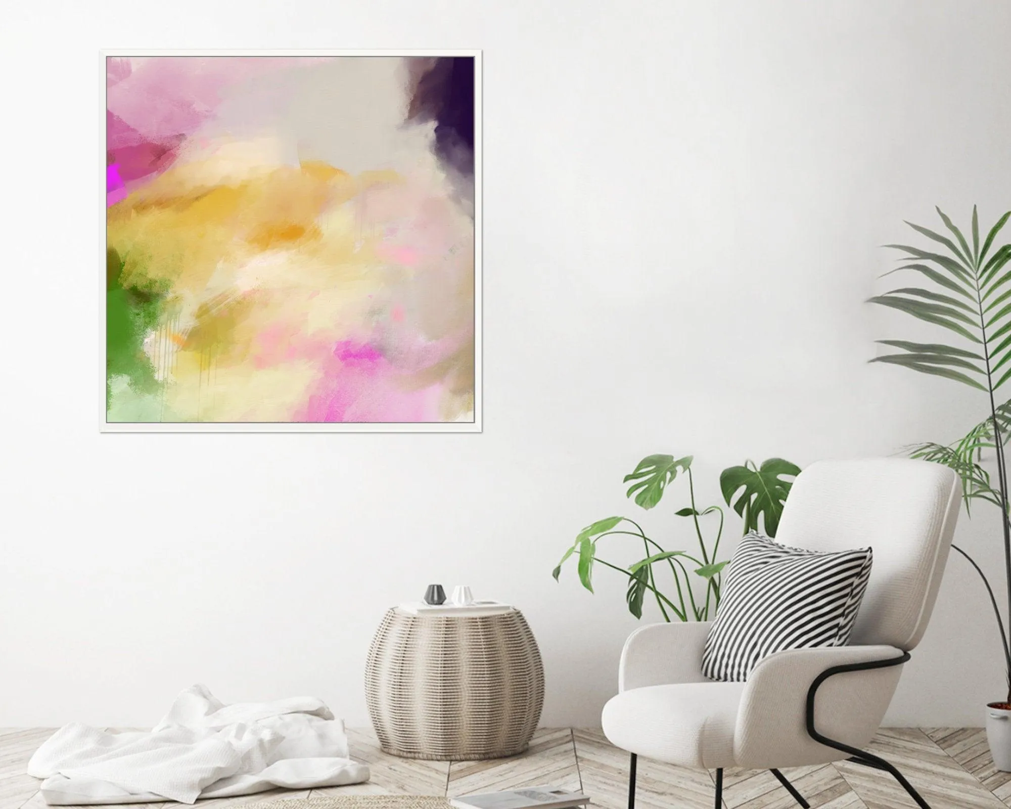 Large modern print in Yellow, modern art print, pink and yellow, above bed decor wall print, blush pink wall art