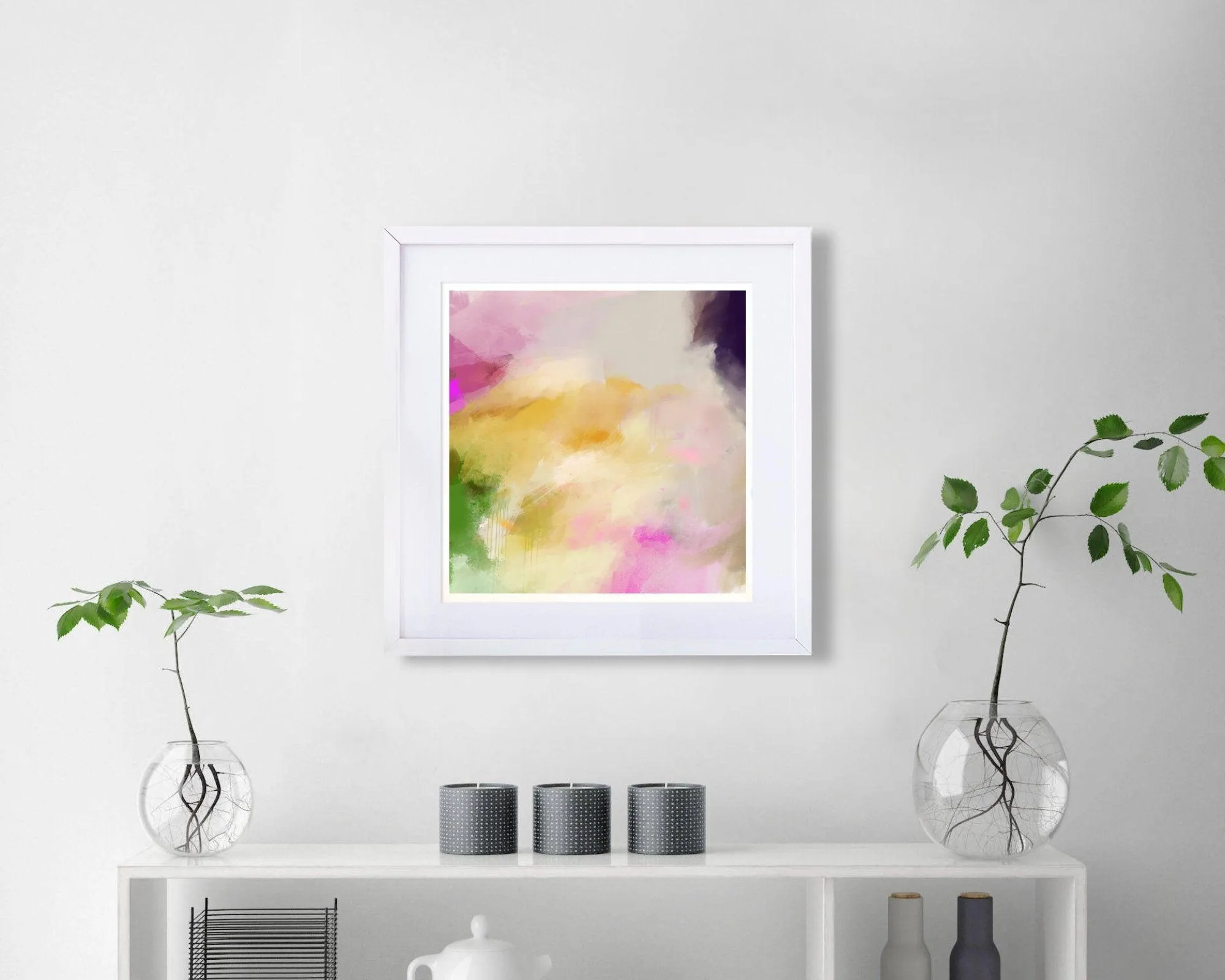 Large modern print in Yellow, modern art print, pink and yellow, above bed decor wall print, blush pink wall art