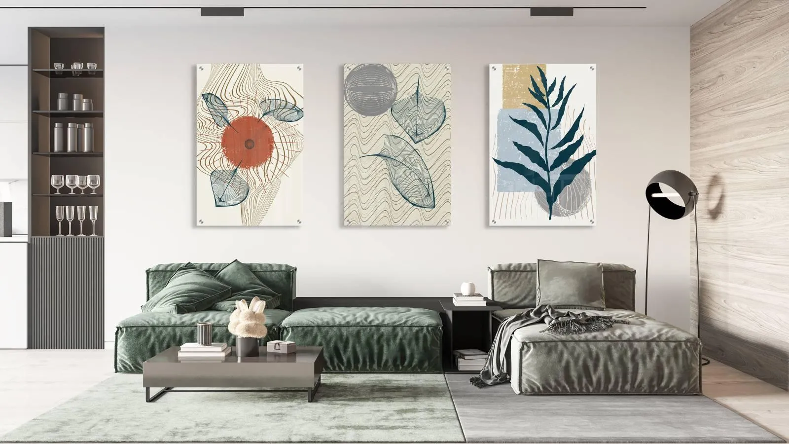 Leaves and Wavy Lines Set of 3 Prints Modern Wall Art Modern Artwork