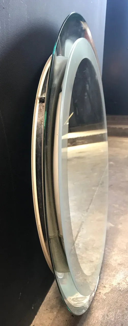 Lighted Glass and Chrome Plated Round Wall Mirror by Cristal Art, circa 1960s