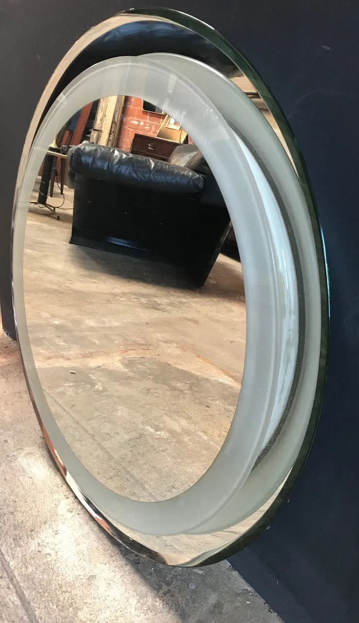 Lighted Glass and Chrome Plated Round Wall Mirror by Cristal Art, circa 1960s