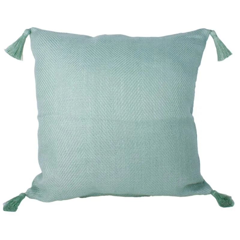 Linen Herringbone Tassel Cushion - Aqua Green (50cm)