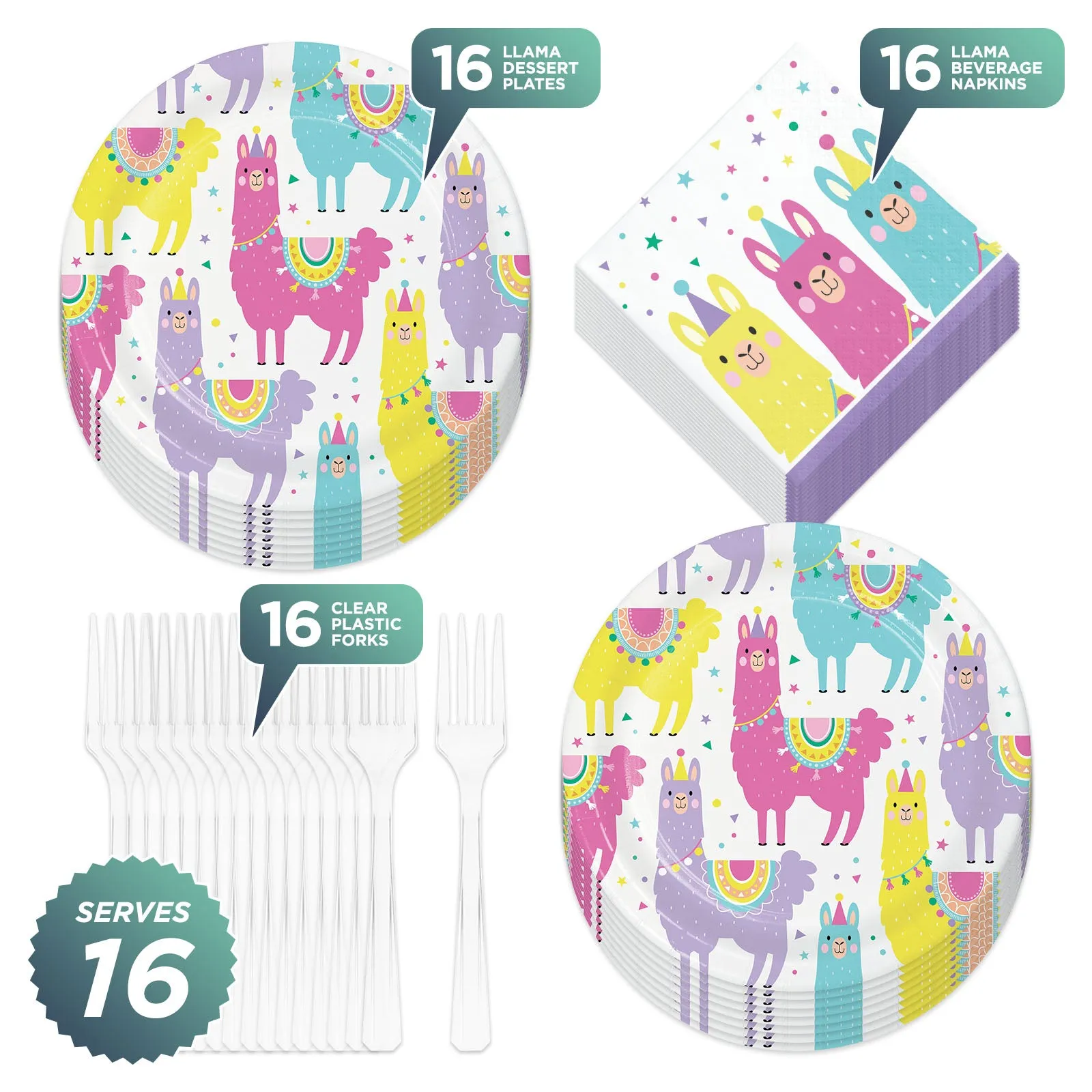 Llama Party Supplies - Llama Fiesta and Cactus Paper Dessert Plates and Beverage Napkins for Llama Theme Party(Serves 16)