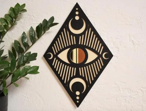 MAZOX EYE & MOON DIAMAND Hanging sign Wooden Wall Art Decor |Living Room |Bed Room| Kids Room | Modern Wall Art |Office|Hotel| Dimension 30cm X 50cm, Thickness 12mm (Set of 1,Black)