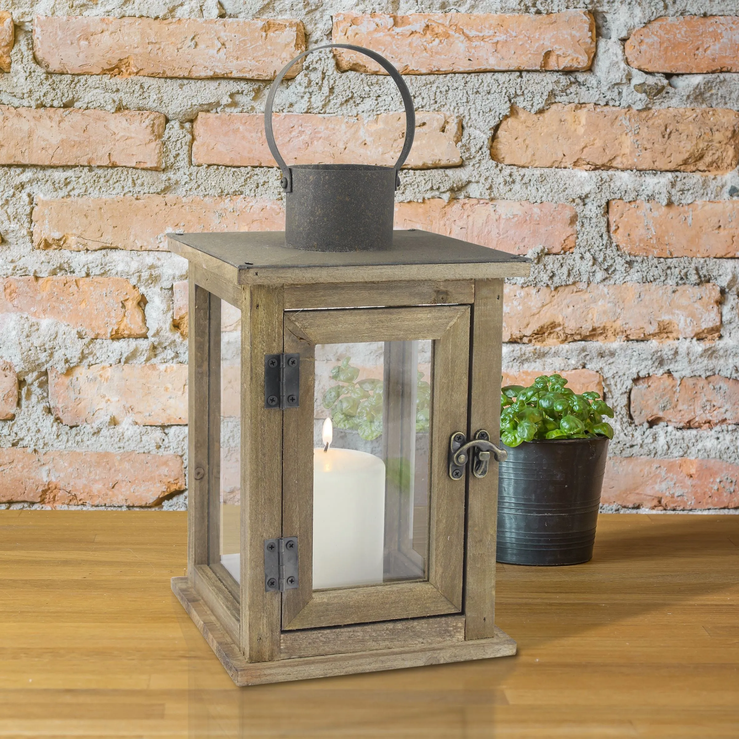 Medium Rustic Wood Lantern - 11 Inch Hurricane Candle Lantern (WS)