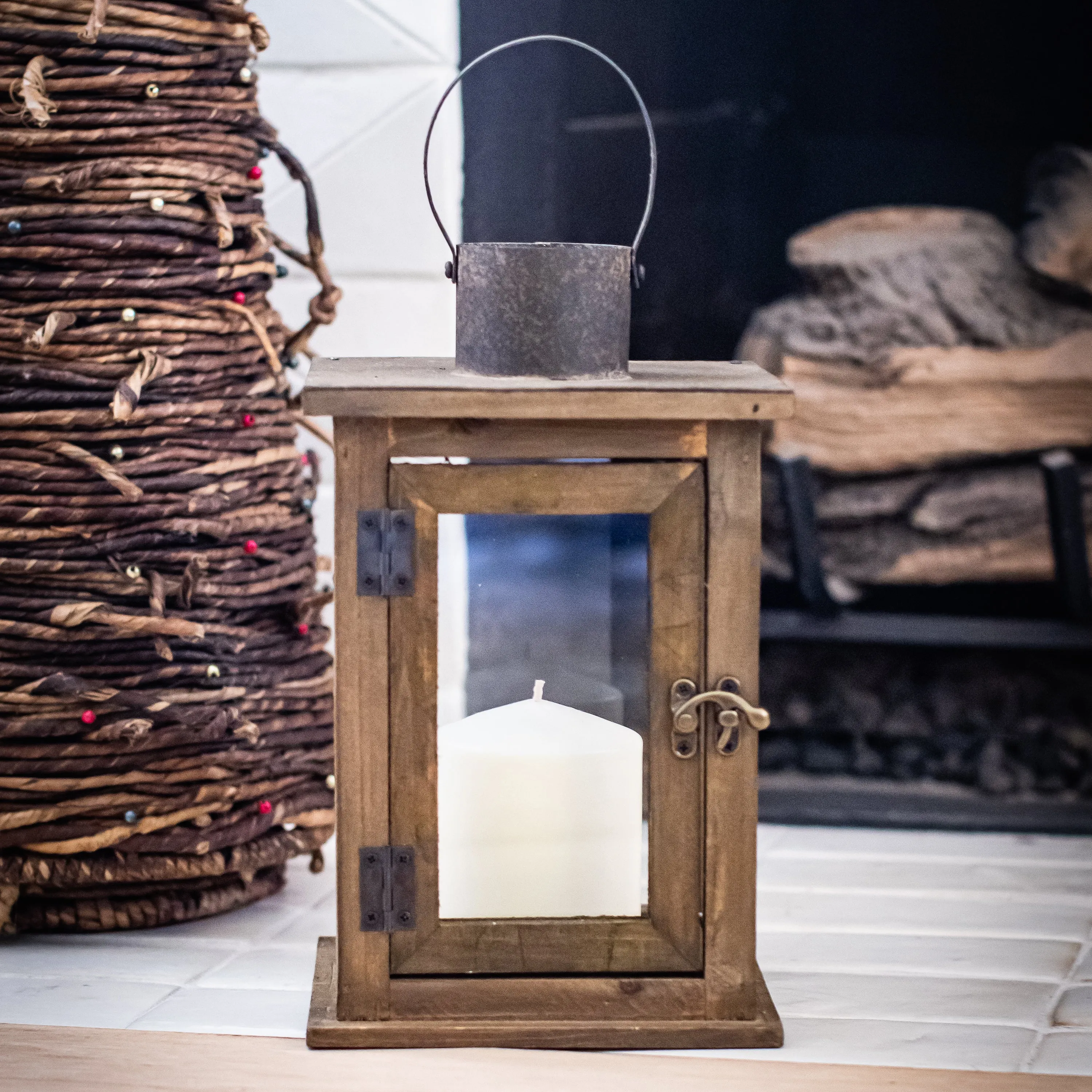 Medium Rustic Wood Lantern - 11 Inch Hurricane Candle Lantern (WS)