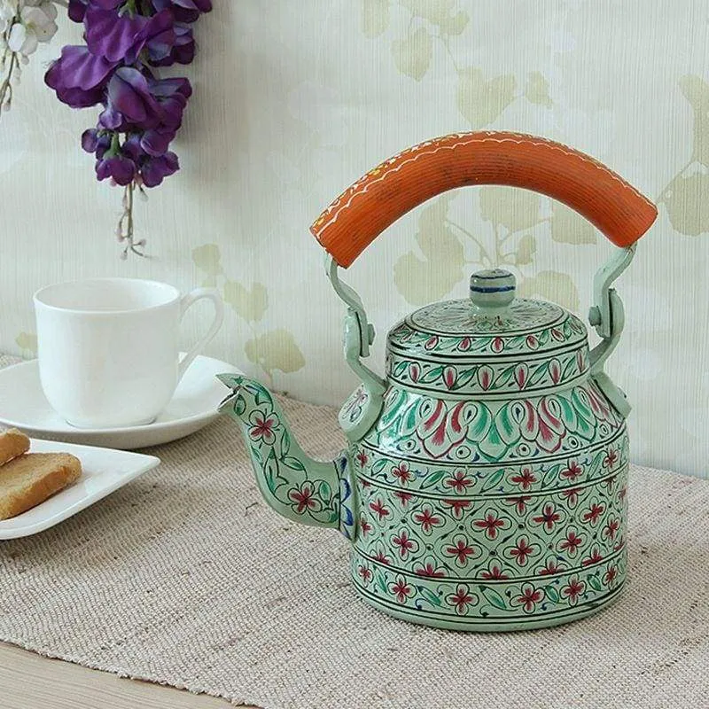 Mint Green Hand Painted Tea Pot in Aluminium