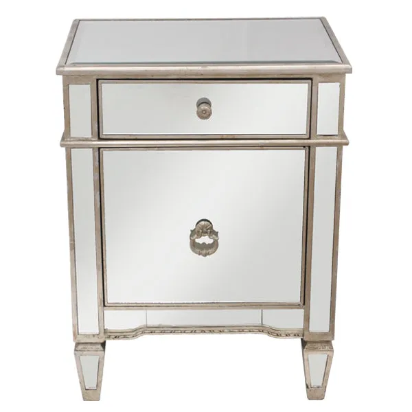 Mirrored Bedside Cabinet Antique 1 Door 1 Drawer