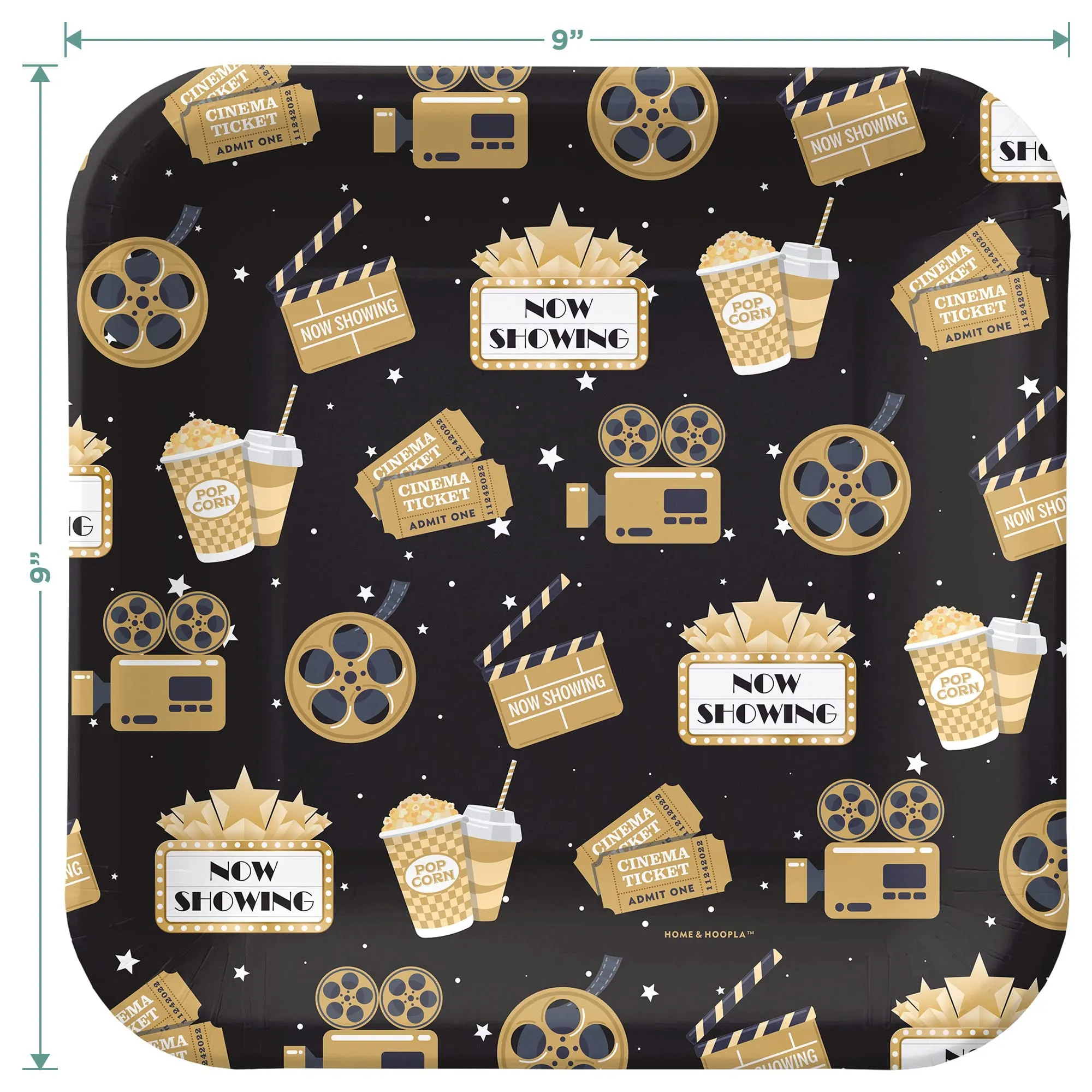 Movie Night Party Square Paper Dinner Plates and Lights, Camera, Action Beverage Napkins