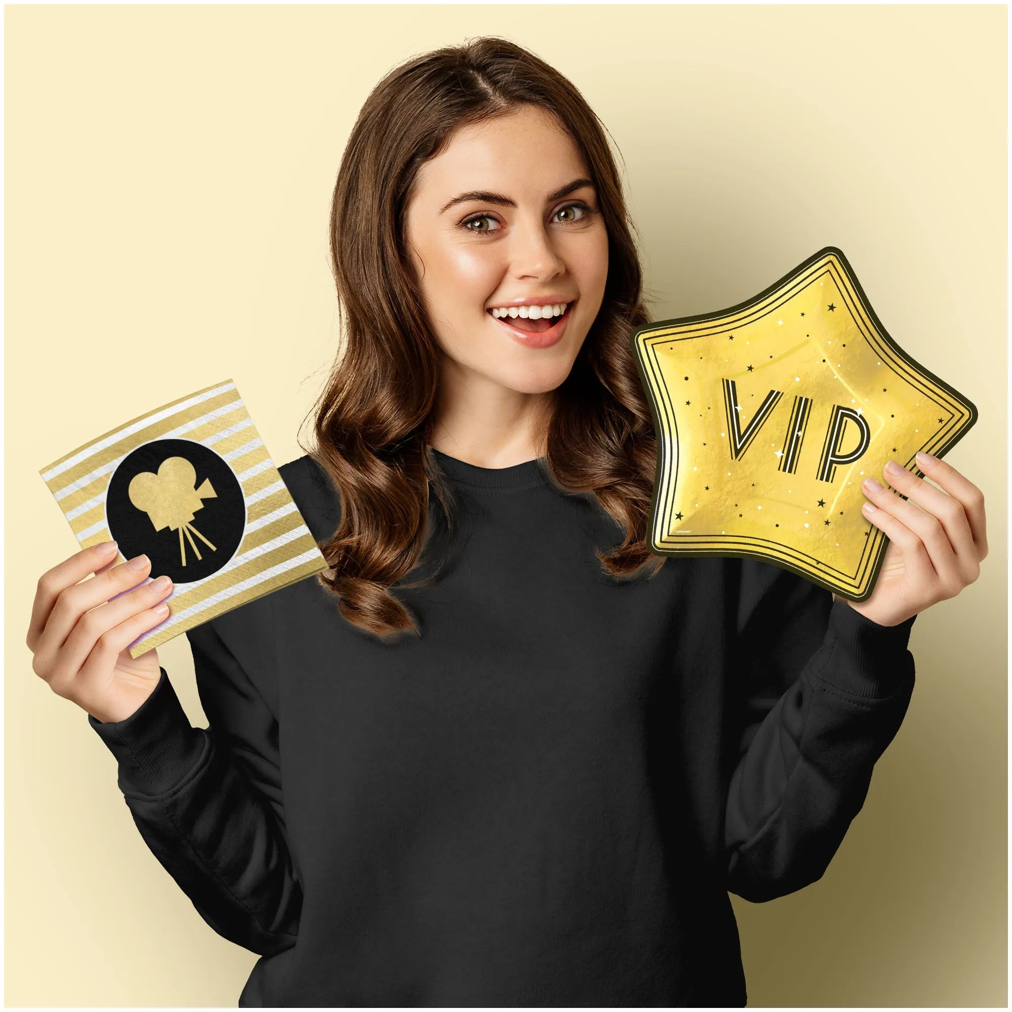 Movie Night Party Supplies - Lights, Camera, Action VIP Awards Winner Gold Star-Shaped Paper Dinner Plates and Deluxe Metallic Lunch Napkins (Serves 20)