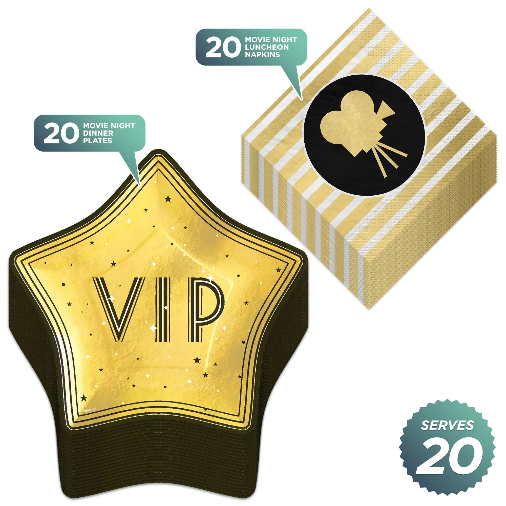 Movie Night Party Supplies - Lights, Camera, Action VIP Awards Winner Gold Star-Shaped Paper Dinner Plates and Deluxe Metallic Lunch Napkins (Serves 20)