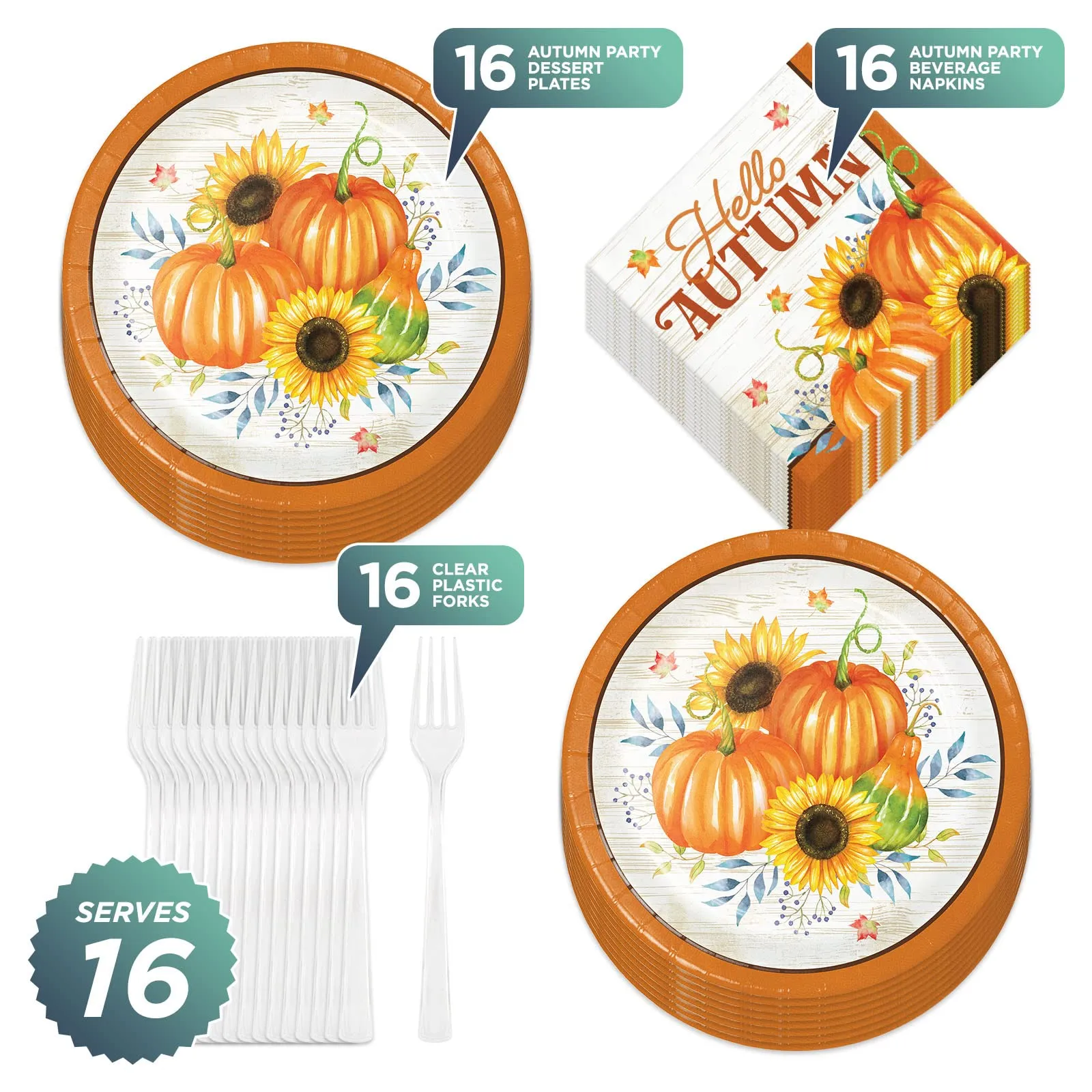 Orange Plaid Pumpkin Sunflower Harvest Paper Dessert Plates, Napkins, and Forks (Serves 16)