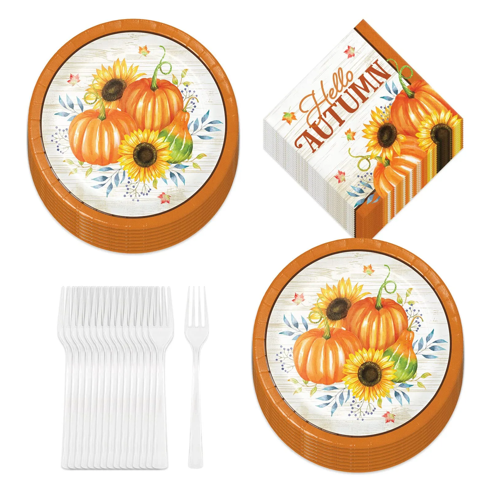 Orange Plaid Pumpkin Sunflower Harvest Paper Dessert Plates, Napkins, and Forks (Serves 16)