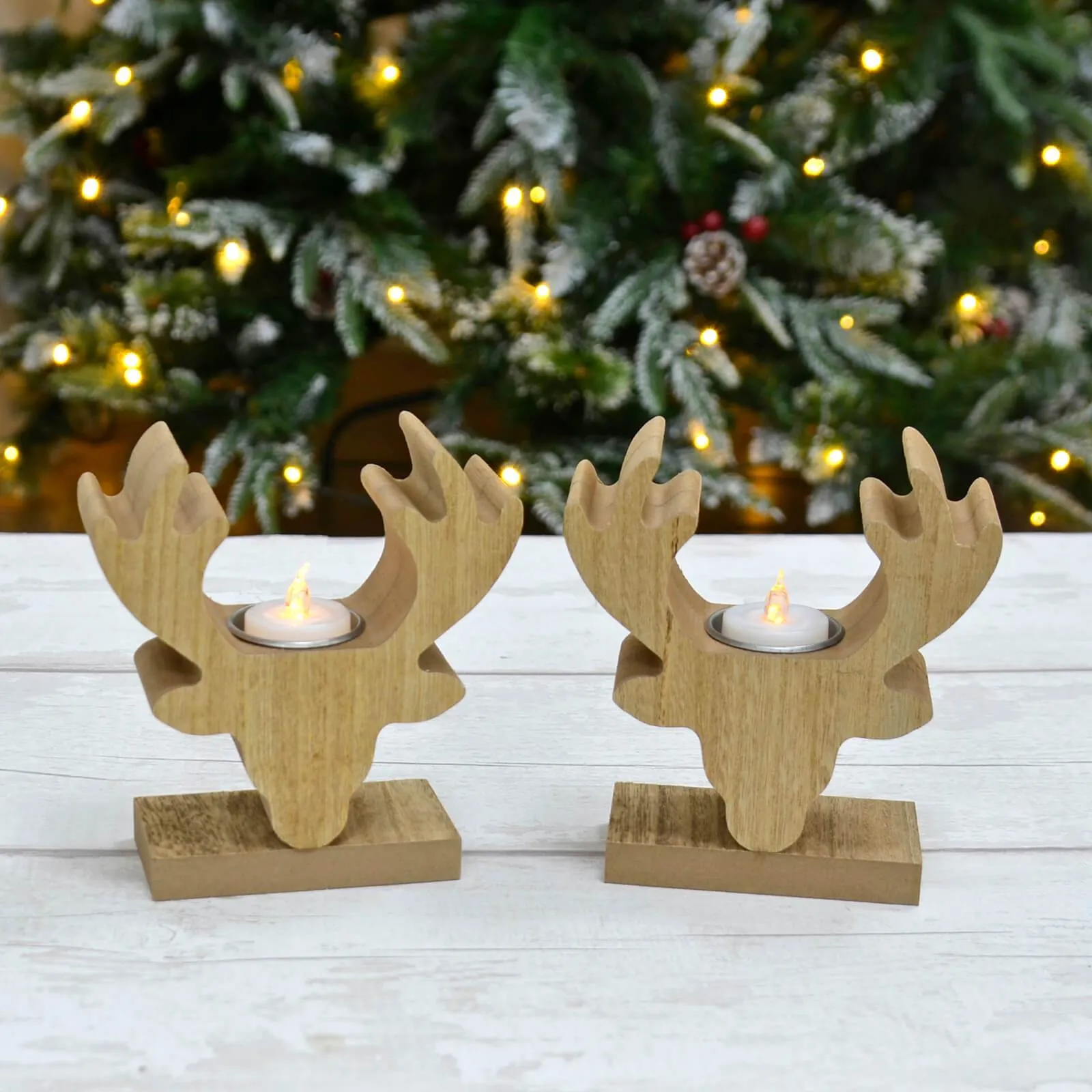 Pair of Wooden Stags Head Tealight Christmas Candle Holders